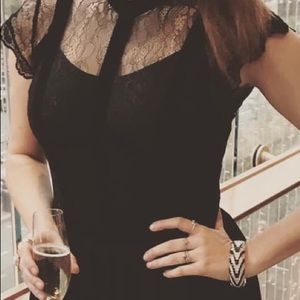 Black Cap Sleeved Lace Floor Length Gown